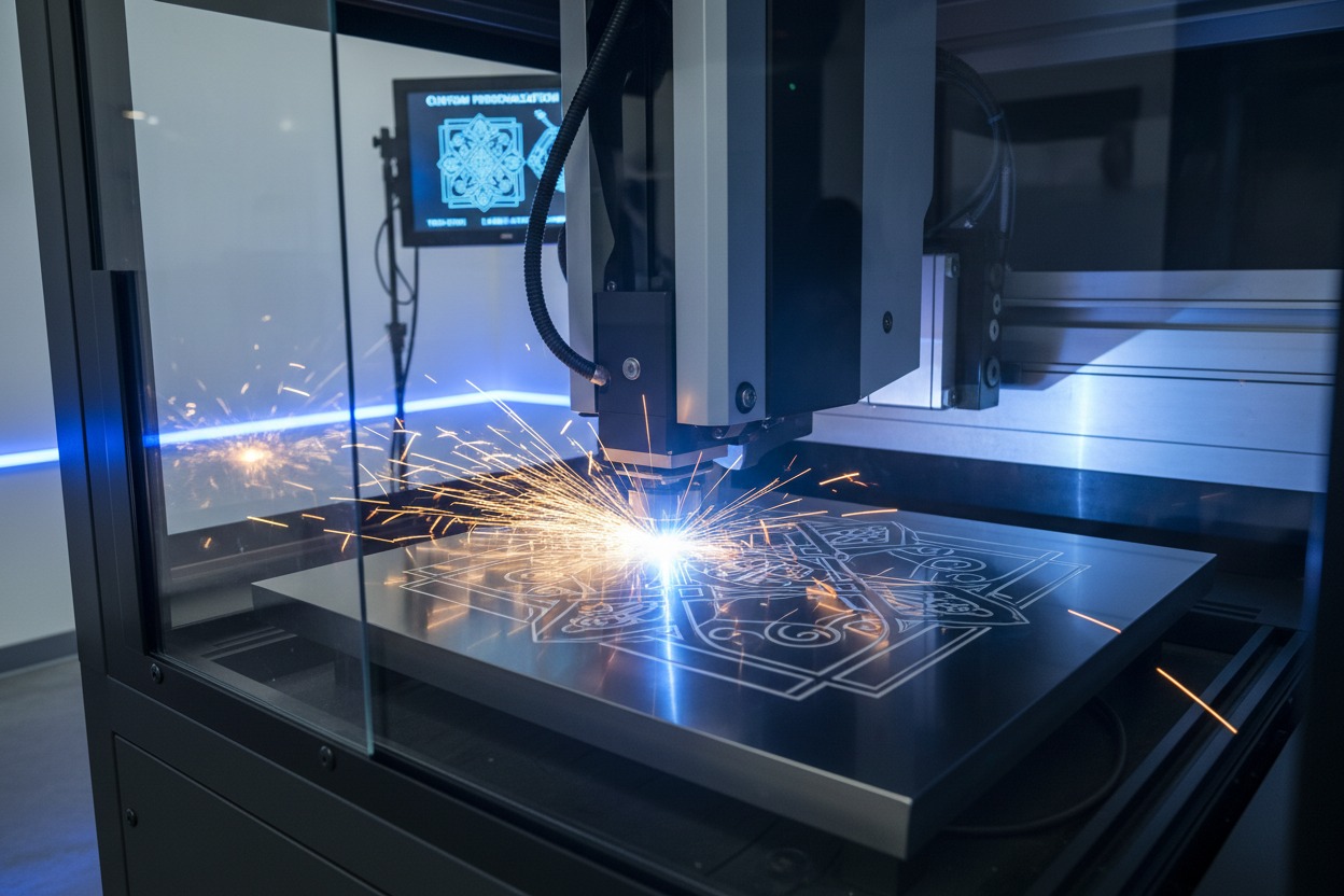 Eine Laserschneidmaschine bearbeitet eine Metallplatte, während helle Funken spritzen.